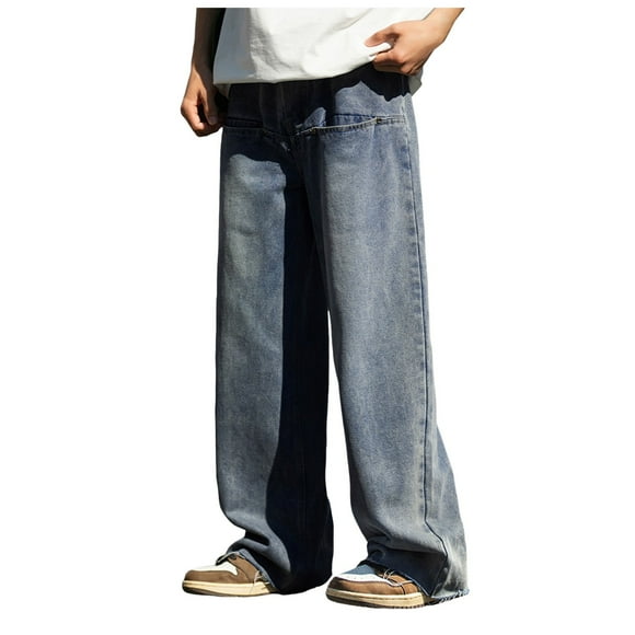 QHFBli Men'S Straight Fit Jeans Men's Fashion Designer Baggy Jeans Retro Washed Workwear Casual Loose Fit Denim Pants for Everyday Comfort Blue M