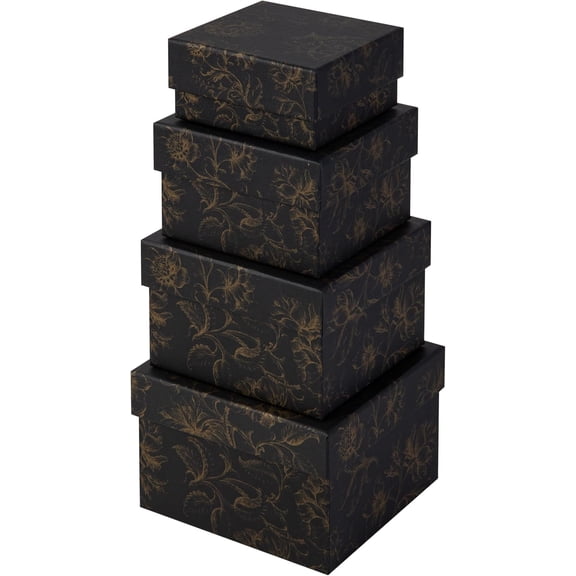 Sorarto Square Gift Boxes with Lids 4pc Set | Black Gold Floral Nesting Gift Boxes for Presents Birthday Wedding Bridesmaid Christmas