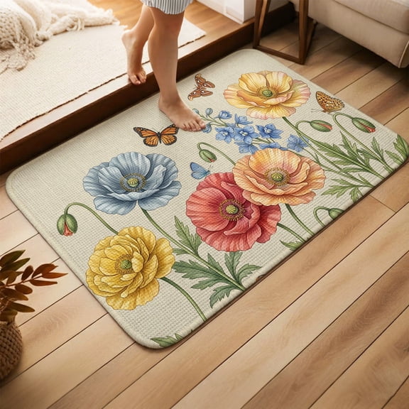 Front Door Mat Indoor Outdoor,Colorful Poppy Floral Absorbent Doormat,Farmhouse Botanical Aesthetic Flowers Non-Slip Welcome Entrance Rug for Home Entryway,High Traffic Floor Mat 15.7''x23.6''