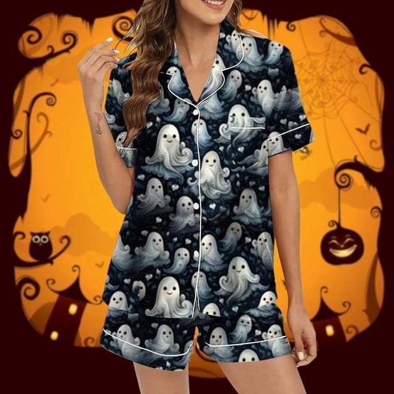 Hot Sales Under $12 CNJKEHIUV Halloween Pajamas Women Graphic Satin Sleepwear Button Down Short Sleeve Shorts Pajamas Set Blue L