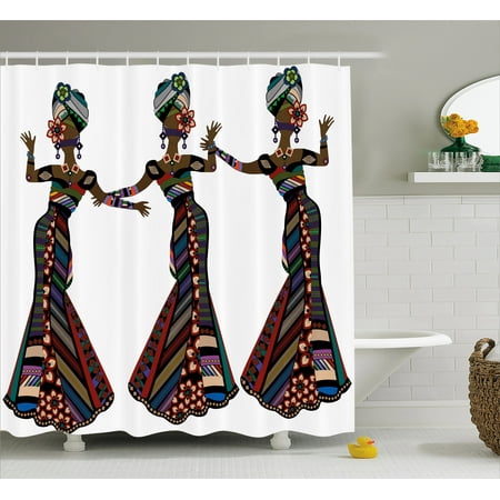 African Woman Shower Curtain, Young Women in Stylish Native Costumes Carnival Festival Theme Dance Moves, Fabric Bathroom Set with Hooks, 69W X 70L Inches, Multicolor, by