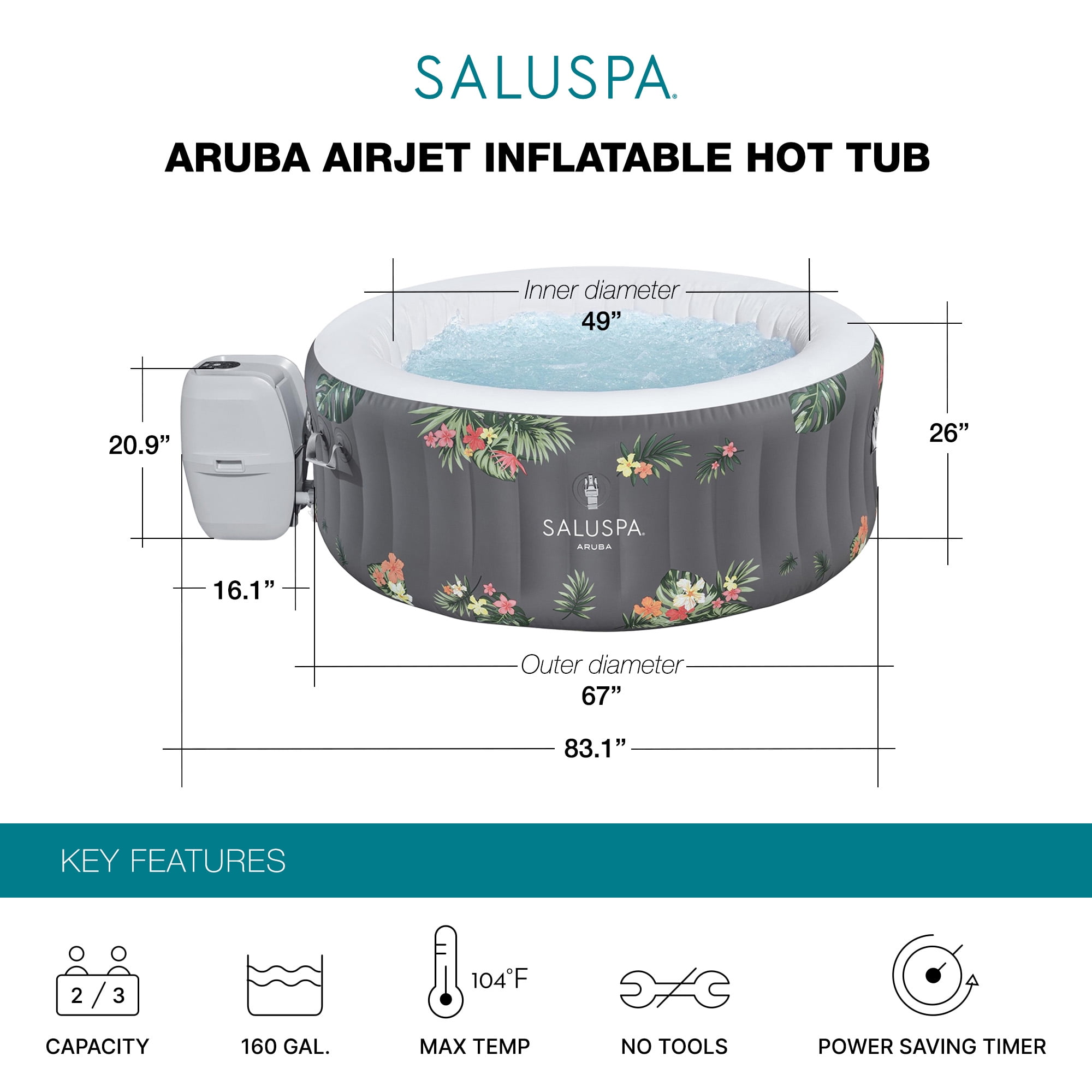 Bestway SaluSpa Aruba 2-3 Person Inflatable Hot Tub, Round Energy-Efficient Spa, 67" x 26"
