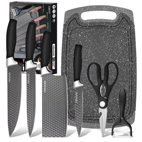 MDHAND 7 Piece Kitchen Knife Set with Cutting Board, Professional Chef Knives, Kitchen Scissors, Peeler - Stainless Steel Diamond Grid Blades, Ergonomic Handles, Gift Box