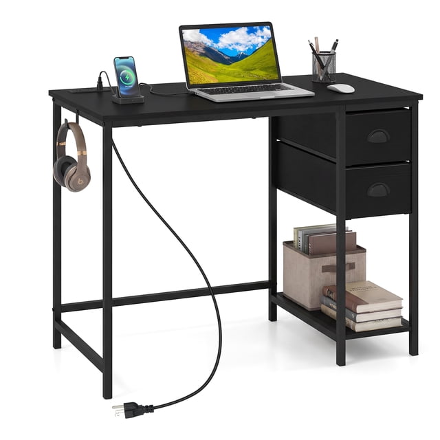 Costway Computer Desk with Charging Station, 2 Fabric Drawers, Storage Shelf Headphone Hook Black