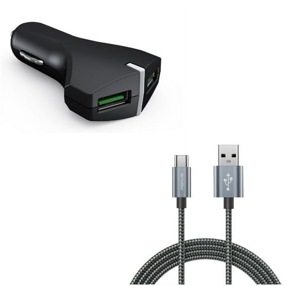 Charger Cord Type-C 10ft USB Cable w 2-Port USB 36W Fast Car Charger R8P for OnePlus 5T, 6, 6T, 7 Pro - Razer Phone 2 - RED Hydrogen One - Samsung Galaxy Tab S3 9.7 S9 Plus, S8  S8, S10e S10