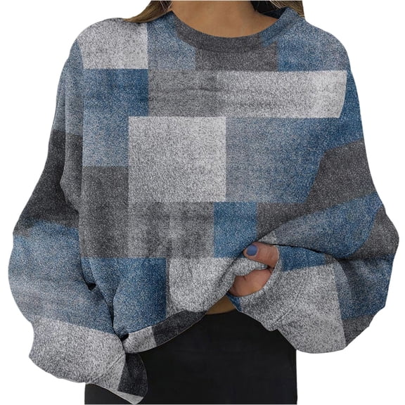 AJHSAKLt Sweatshirt for Women Graphic Crewneck Tops Loose Fitting Pullover Printed Long Sleeved Versatile Casual Sweater Essentials Hoodie Blue