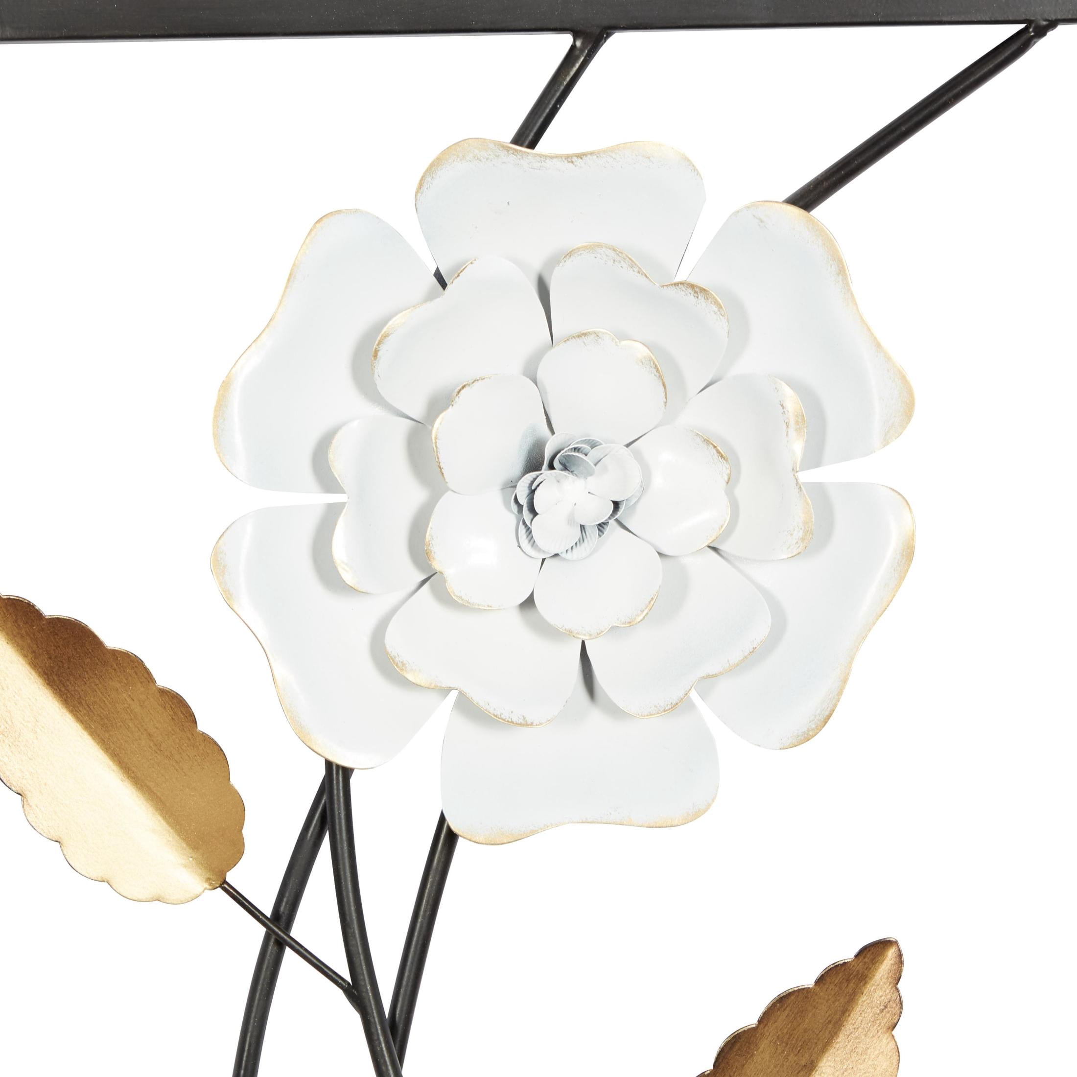 DecMode White Metal Dimensional Floating Floral Wall Decor with Black and Gold Accents (2 Count)