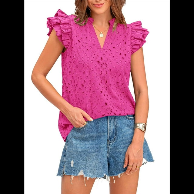 Blusas de Verano con Ojales para Mujer, Elegantes, Informales, con Cuello en V, Volantes, Mangas , de Algodón, Estilo Bohemio, con Encaje Bordado. Rosa Roja S
