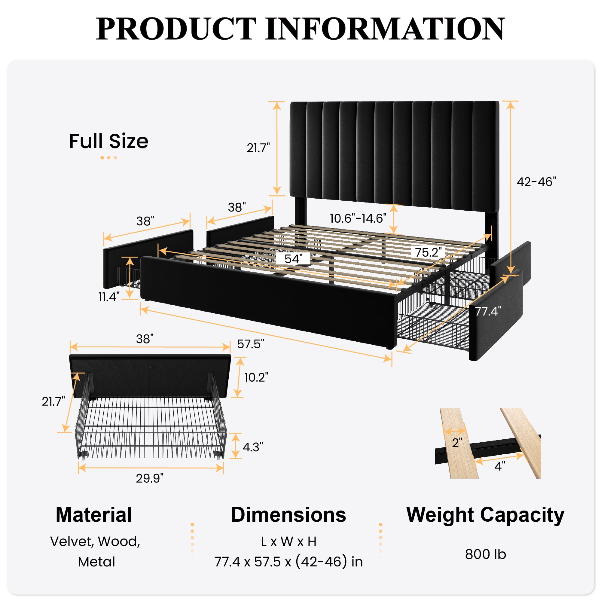 SHA CERLIN Full Size Platform Bed Frame with 4 Storage Drawers, Vertical Channel Tufted Adjustable Headboard, Velvet Upholstered, Wooden Slats Support, No Box Spring Needed, Black