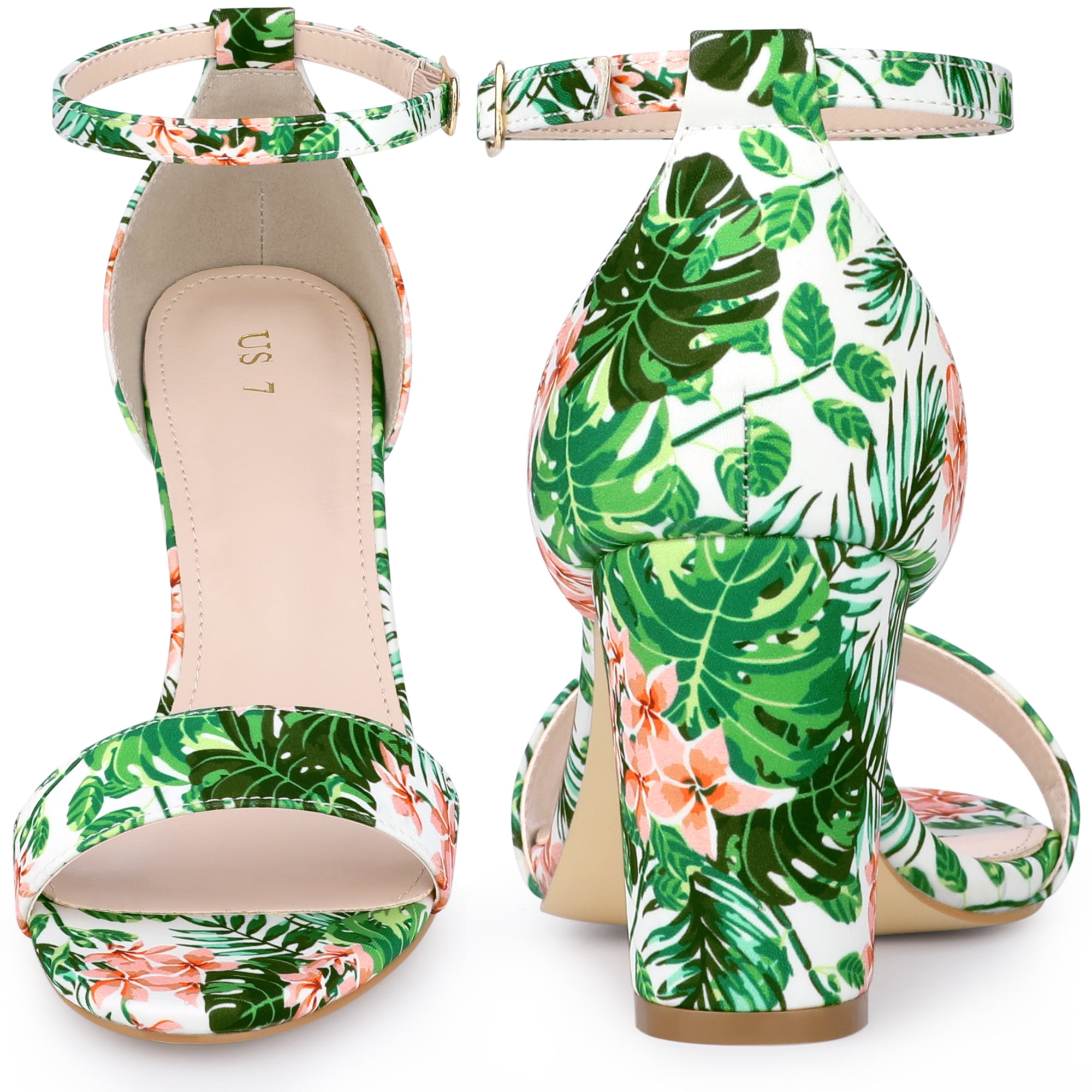 DARING DIVA Women's Floral Open Toe Ankle Strap Chunky Heel Sandals Green 7.5