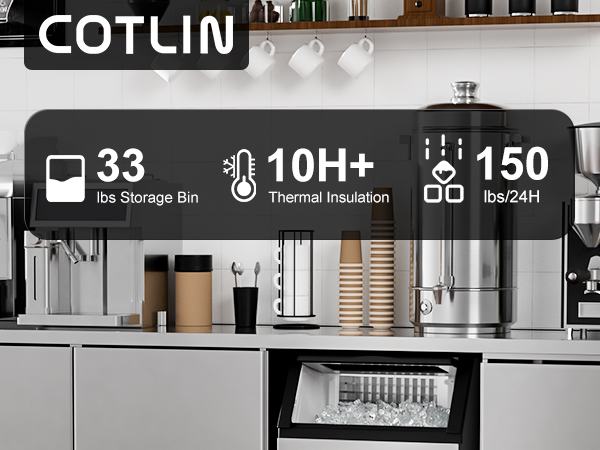 COTLIN Commercial Ice Maker Machine 150LBS/24H, 20’’ Under Counter Ice Machine with 33LBS Storage Bin/ Built-in Cleaning System, Freestanding Ice Maker for Restaurants/Bars, ETL Approved