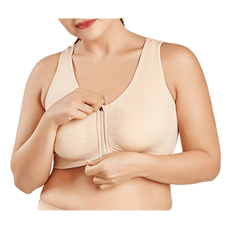 BIMEI Women's Mastectomy Zip Front Sports Bra Plus Size Yoga Wireless  Post-Surgery Bra Beige 3XL