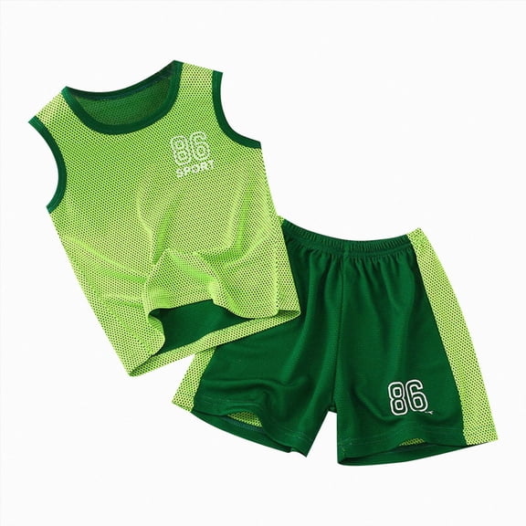 Xudanell Baby Boy Outfits Breathable Boys Summer Active Set Sleeveless Tank Top Shorts Quick Dry Letter Graphic Sport Two Piece Green 5-6 Years