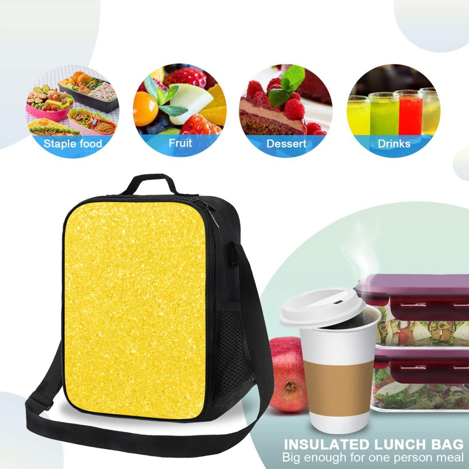 Ratiio Yellow Glitter Print Lunch Box - Reusable Lunch Bag Men Adult Women- Insulated LunchBox