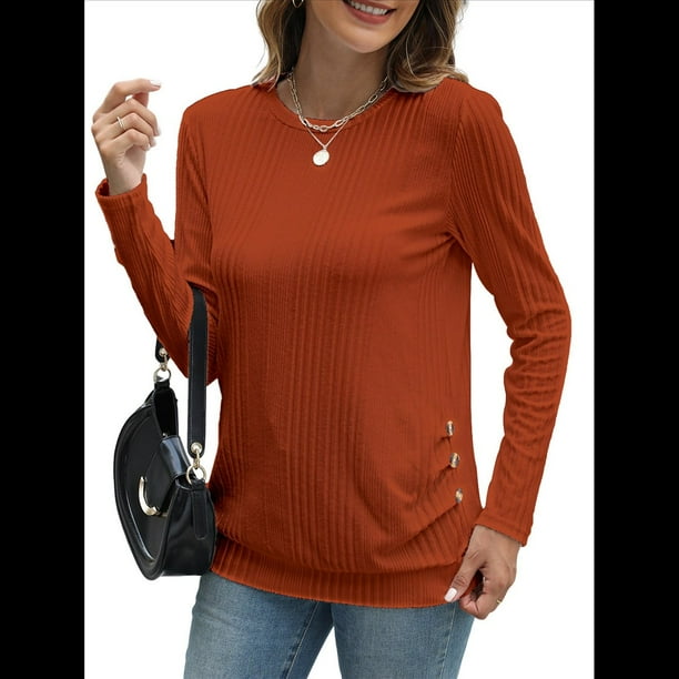 Camisas de Larga para Mujer, Túnicas, Blusas Holgadas, Elegantes, Cuello Redondo, Suéteres Básicos. Naranja XL