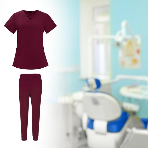 Conjuntos de uniformes de enfermería para mujer, uniforme de trabajo con cuello en V, cintura elástica, suave y cómoda, uniformes de , rojo M M rojo Yinane Exfoliante de enfermería