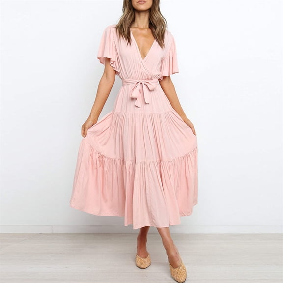 QLEICOM Women's Summer Wrap V Neck Floral Print Dress Women Short Sleeve Ruffle Beach Loose Dress Plus Size Flowy High Low Maxi Dress Bohemian Beach Dress with Belt Yellow XXL