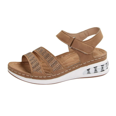 CHOII 50% Clearance Women s Solid Color Elevated Cushion Casual Beach Shoes Sandals Women s Shoes Rhinestone Wedge Sandals with Good Elasticity Ankle Strap Sandals Comfort Sandals Brown/6