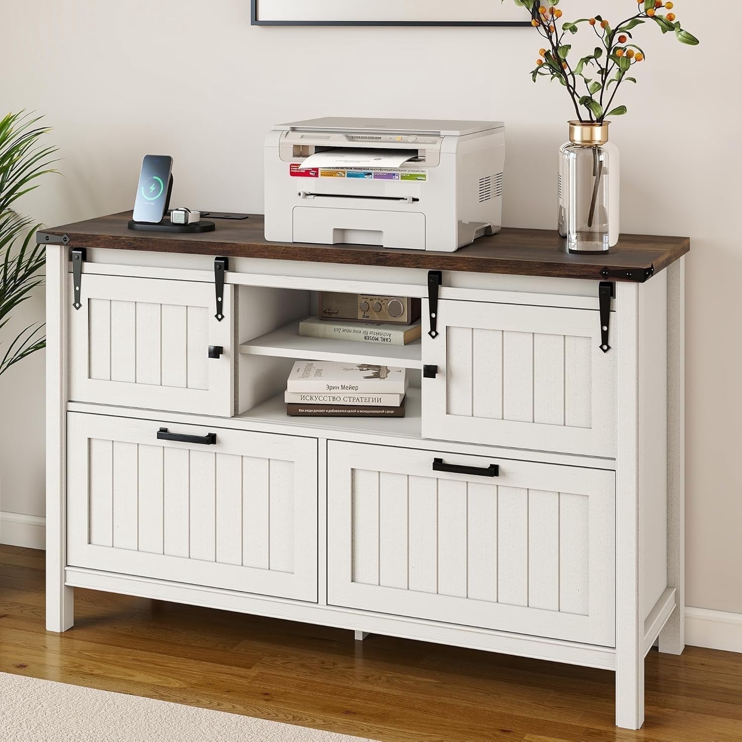 FIAKOA Farmhouse 2-Drawer Lateral File Cabinet,Filing Cabinet with Sliding Doors & Charge Station, Printer Stand Cabinets for Home Office,White