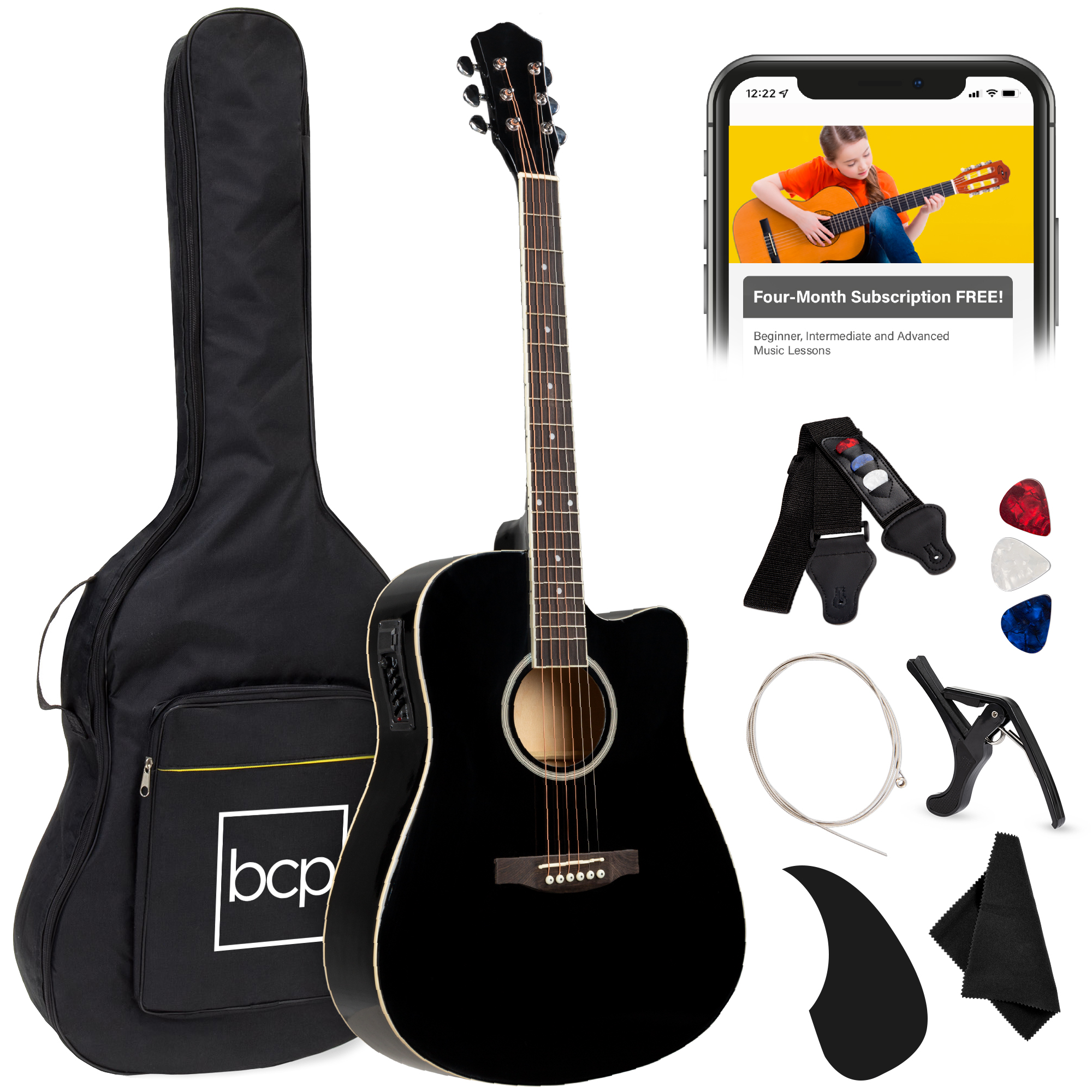 Best Choice Products Beginner Acoustic Electric Guitar Starter Set 41in w/ All Wood Cutaway Design, Case - Black