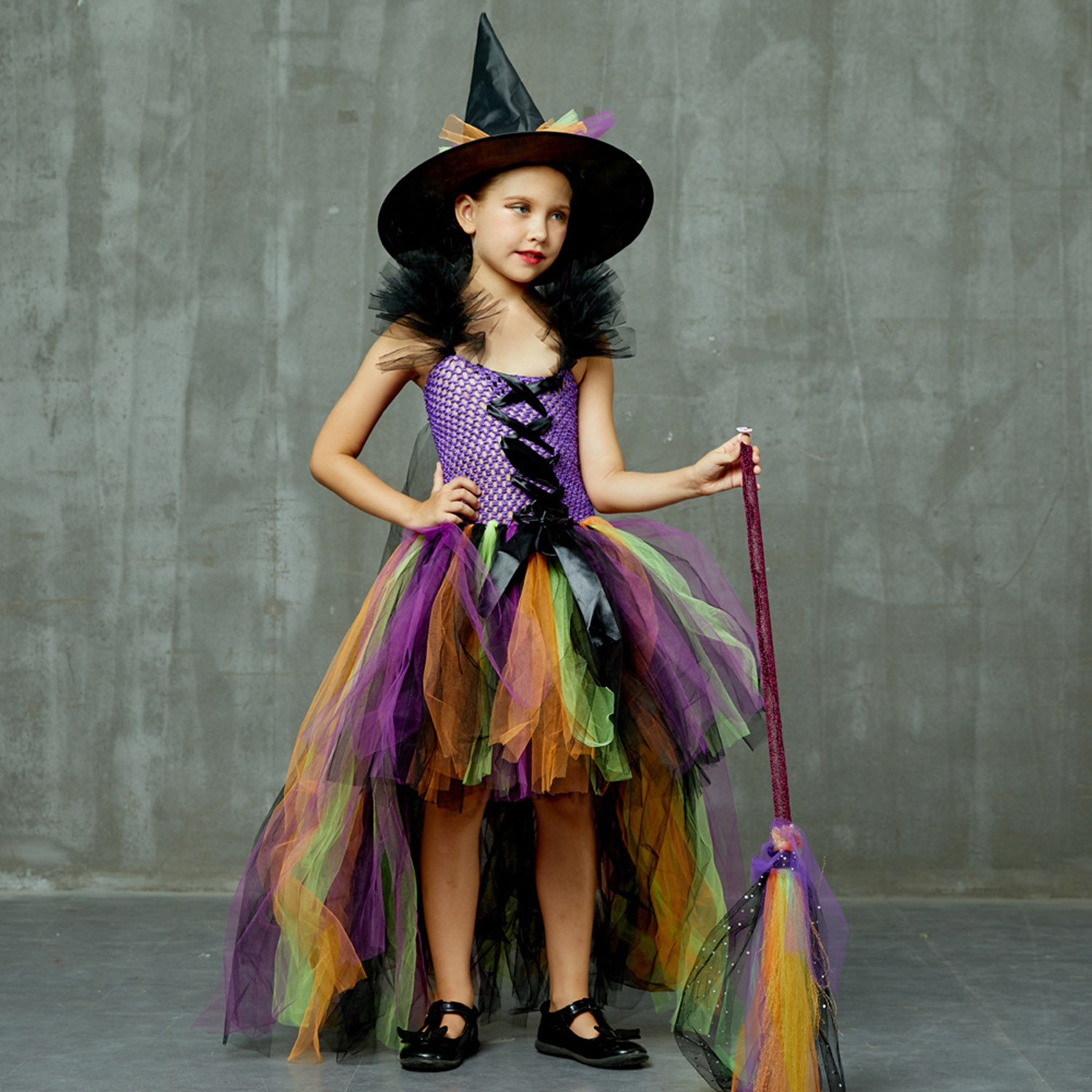 Déguisement Sorcière Enfant Complet - Robe, Chapeau, Balai, Ceinture - Taille M (5-6 Ans) - Pour Halloween, Carnaval