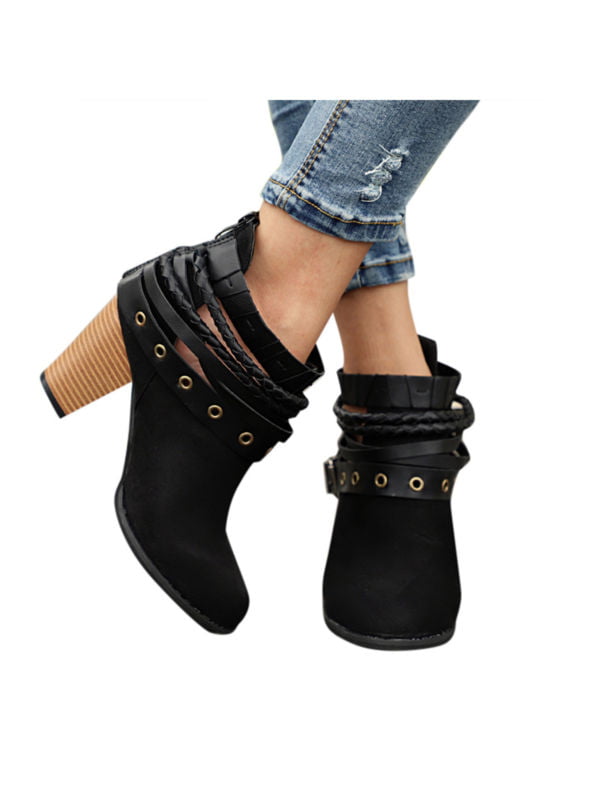 New Women/'s Ankle Martin Boots Block High Heel Metal Buckle Belt Round Toe Shoes