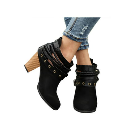 Women Ankle Martin Boots Block High Heel Metal Buckle Belt Round Toe (Best Dressy Walking Shoes For Women)