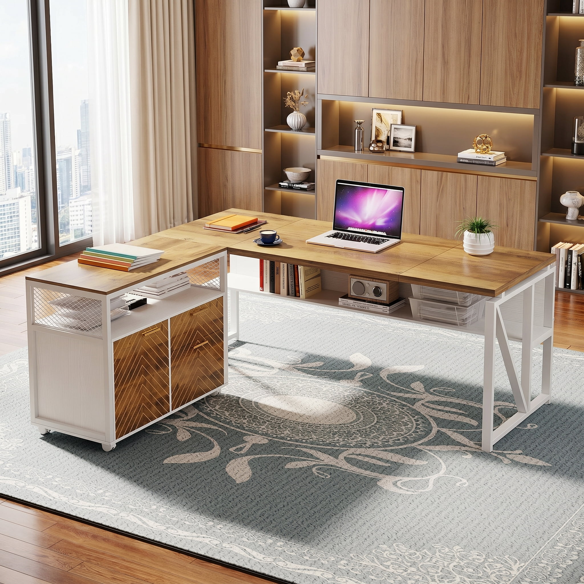 Fnova Modern File Cabinet with Drawers for Letter-Sized File and Door, Lateral Filing Cabinet Printer Stand with Storage Shelves and with Rolling Caster for Home Office, Rustic