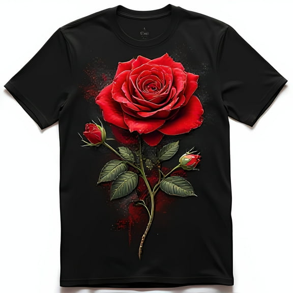 Bold Black T-Shirt with Striking Red Rose Chest Graphic Eye Catching Design