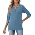 thumbnail image 5 of Womens 3/4 Sleeve T-Shirts Summer V Neck Buttons Tops Solid Color Basic Tee Shirts, Light Blue 5XL, 5 of 5