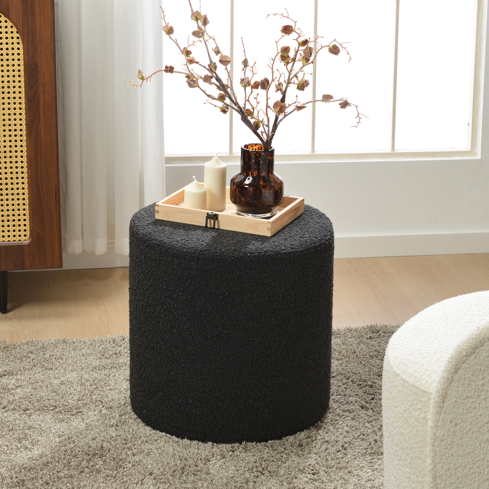 Modern Round Boucle Upholstered Ottoman with Soft Padded Seat, Multi-Functional Sofa Footrest, Side Table, Extra Seating for Living Room, Bedroom, Entryway (Black, 18" D x 18" W x 18.3" H)