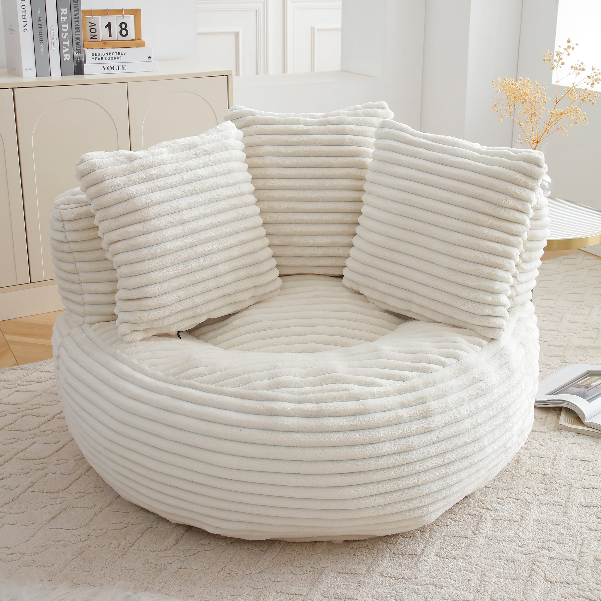 MDQMD 45"Oversized Bean Bag Chair Round with Armrests Corduroy Fabric 3 Pillows Comfy Lazy Sofa for Adults Giant Bean Bag Chair for Living Room Bedroom Gaming Reading Nook White