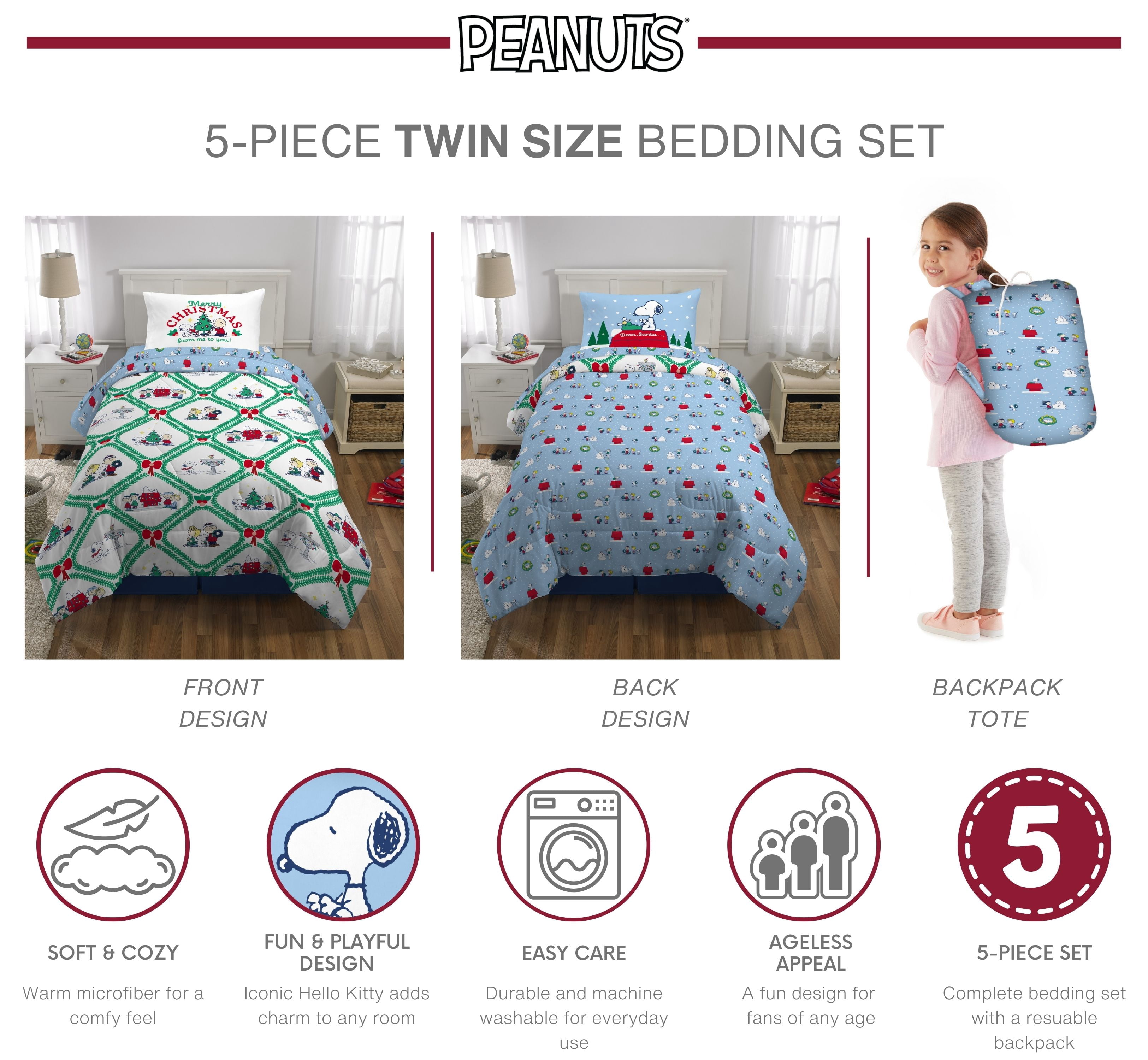 Peanuts Snoopy Holiday Kids 6 Piece Reversible Comforter, Bed in a Bag, Twin