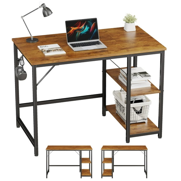 JOISCOPE Home Office Computer Desk with Wooden Storage Shelf Office Desk and Gaming Table with Splice Board 2-Tier Industrial Morden Laptop Study Writing Desk 40 x 24 inches (Vintage Oak)