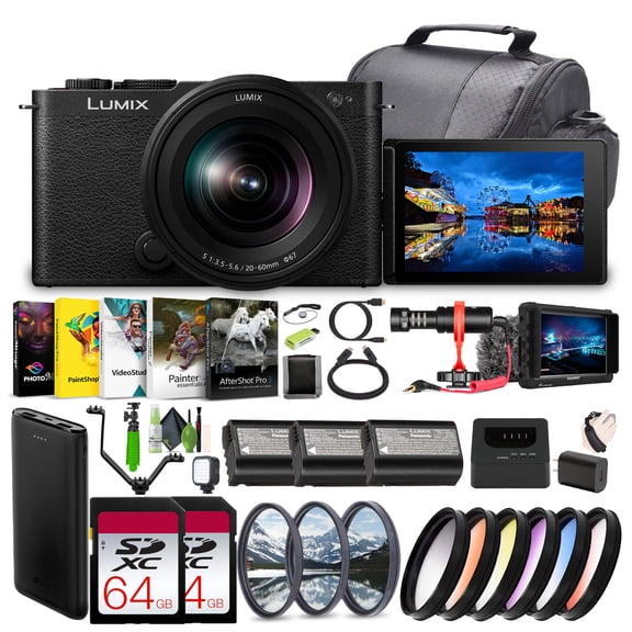 Panasonic LUMIX S9 Mirrorless Full-Frame Camera with 20-60mm F3.5-5.6 L Mount Lens - Black -Bundle with 2x 64GB Memory Card   Lilliput 7" Full HD Monitor   Video LED Light  Rode Microphone and More