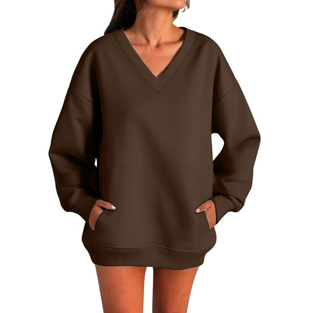 Women's Autumn Fashion Plus Loose V Neck Sweatshirt With Side Pockets
