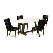 East West Furniture V727FO749-5 5 Piece Dining Room Set - 4 Black Pu Leather Dining Chairs Button Tufted with Nail heads and Dining Table - Distressed Jacobean Finish