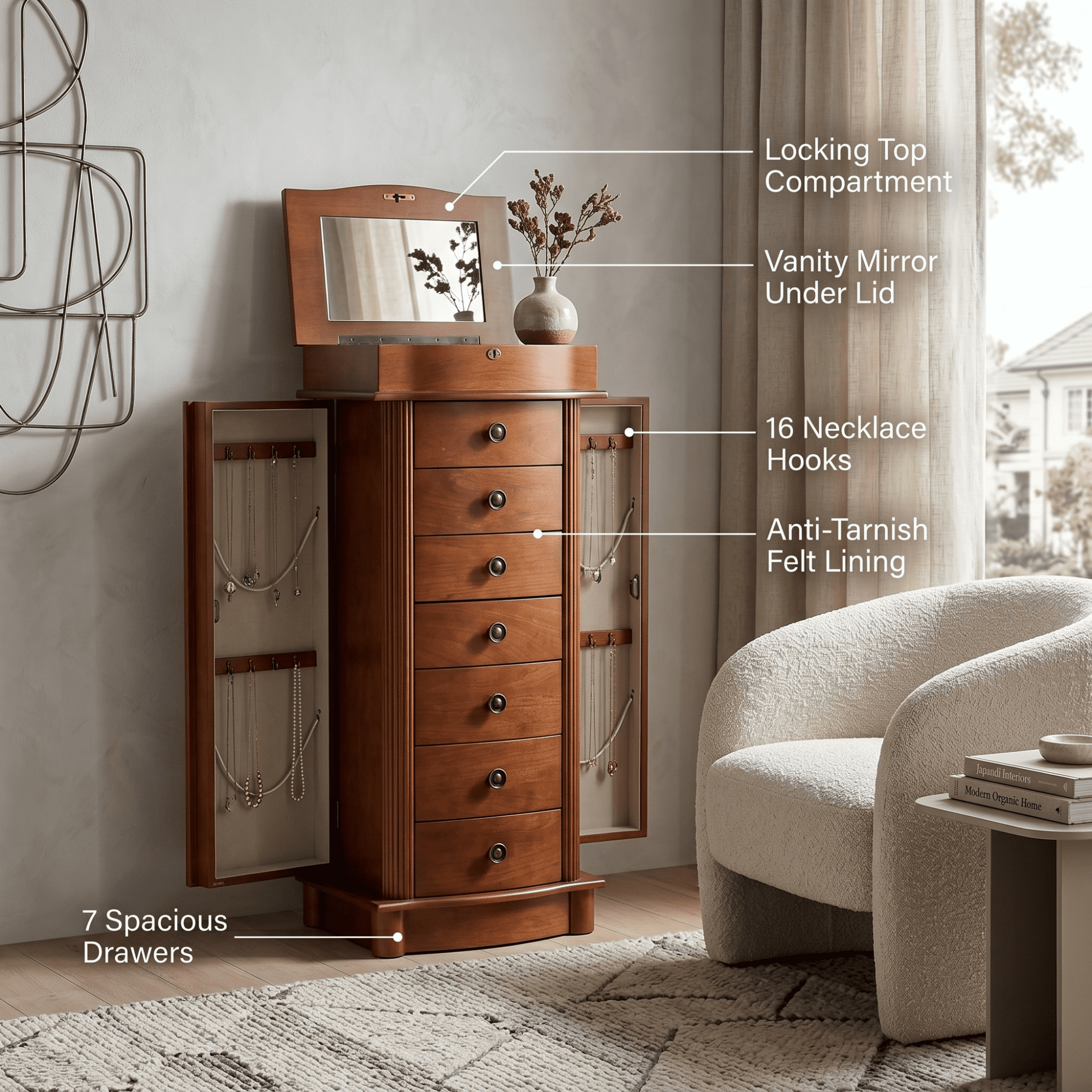 Hives and Honey Nora Traditional Jewelry Armoire with Locking Compartment and Ample Storage, Walnut