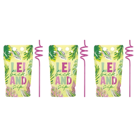 6CT 18FL OZ Tableware Drink Pouch, Yellow, Pink, and Green, Luau by Way To Celebrate
