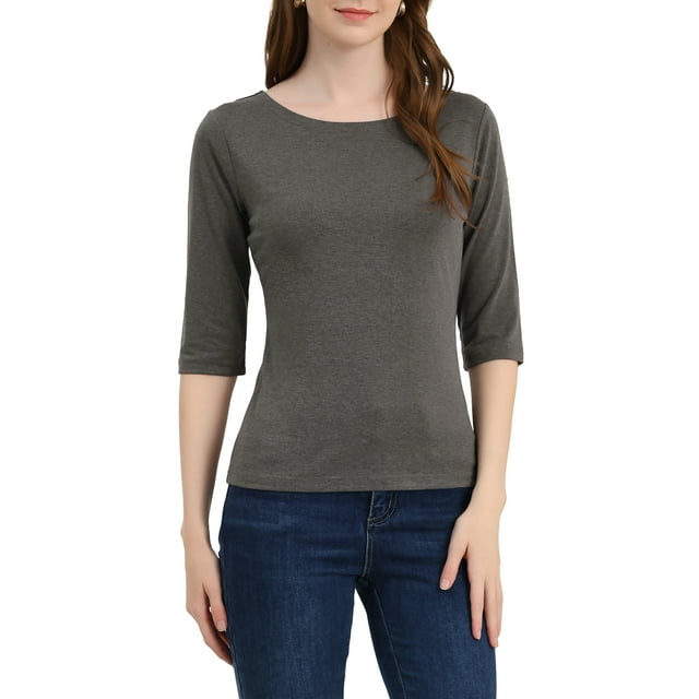 INSPIRE CHIC Hauts pour Femmes Manches au Coude Encolure Bateau Coupe Ajustée T-Shirt Classique Décontracté L Gris Foncé