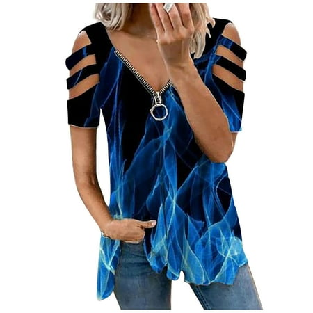 

Womens 2022 Summer Casual T-Shirts V Neck Roll Short Sleeve Chiffon Tops Loose Comfy Zipper Blouse Lightweight Cute
