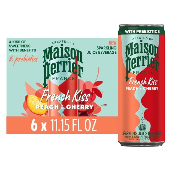 Maison Perrier French Kiss Flavored Sparkling Water with Prebiotics, Peach Cherry, 6 Pack Cans