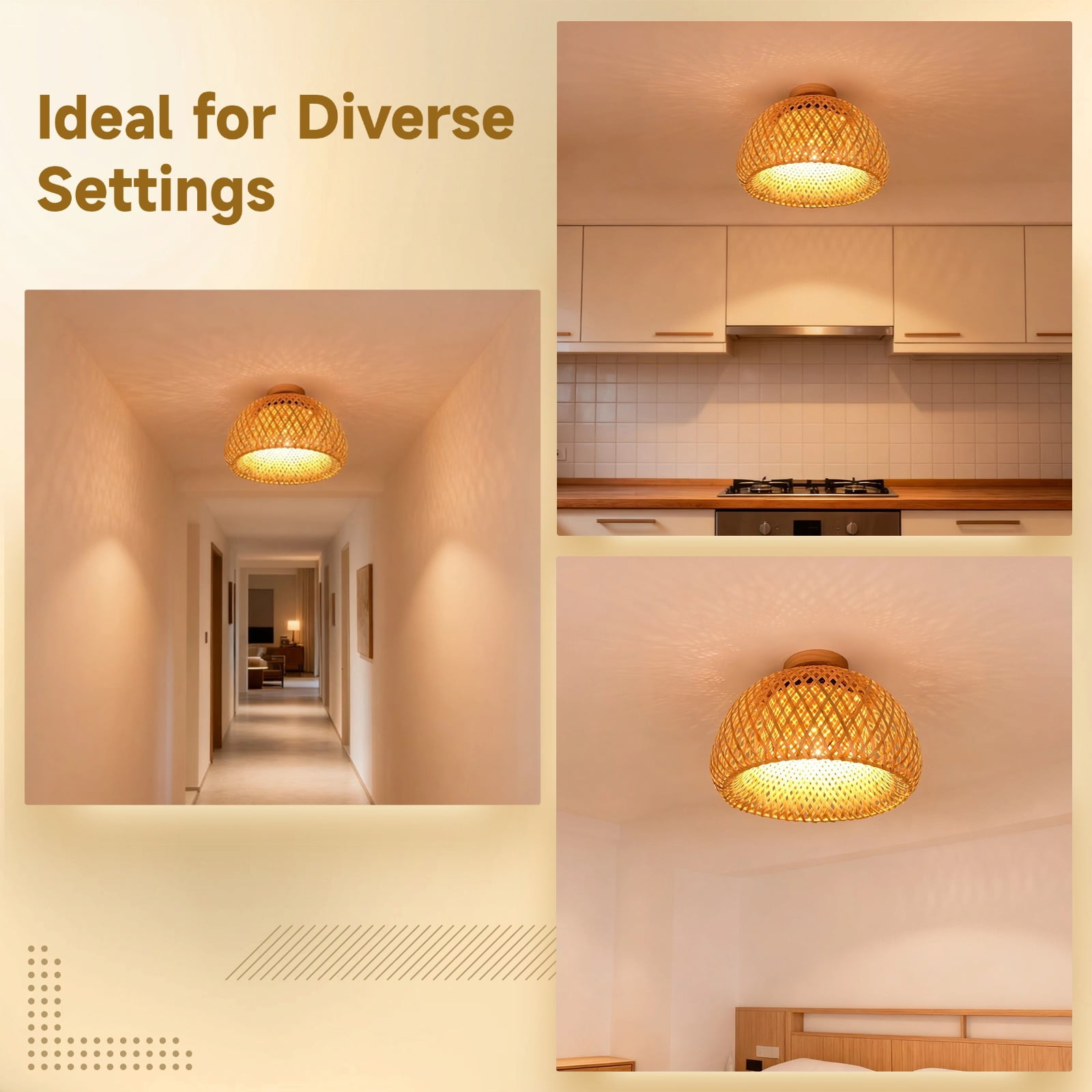 Wood Rattan Ceiling Light Fixture, Semi-Flush Mount Handwoven Rattan Shade, Farmhouse Light Chandelier Shade, Dual-Layer Lamp Fixture for Bedroom, Hallway, Kitchen, E26 Base Included