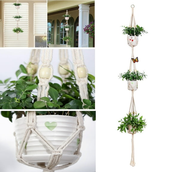 Meidiya Handmade Woven Macrame Plant Hanger 3 Tier Indoor Outdoor Hanging Planter Basket Cotton Rope with Beads Garden Home Deocr 70 Inches