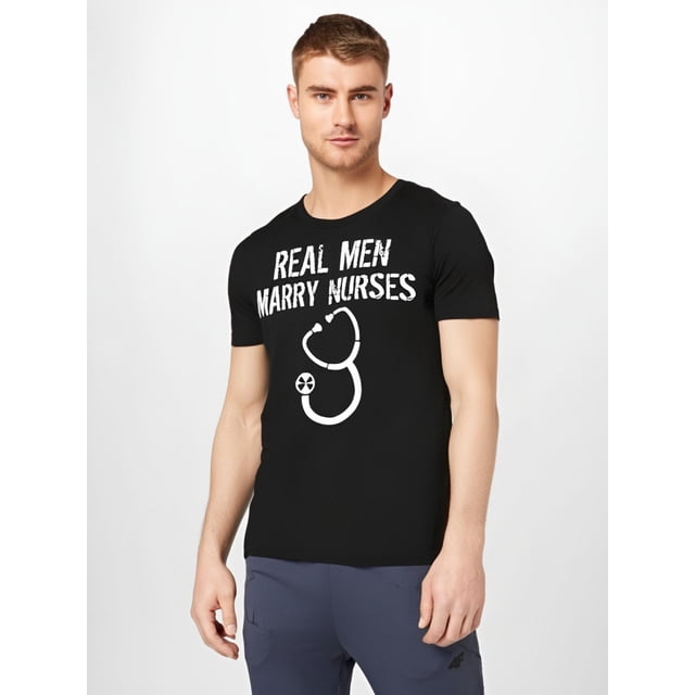 Camiseta premium médica divertida "Hombres de verdad se casan con enfermeras". Camiseta gráfica de manga corta para hombre, negra, para adultos, hombres, mujeres, adolescentes, jóvenes y ocio.