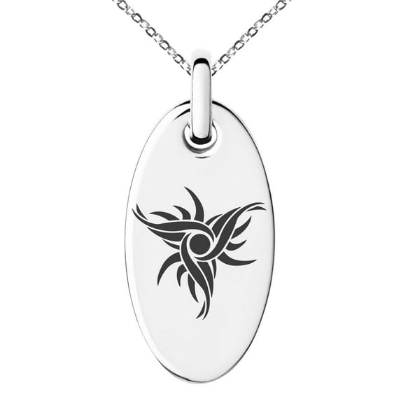 Stainless Steel Tribal Dark Sun Rune Engraved Small Oval Charm Pendant Necklace