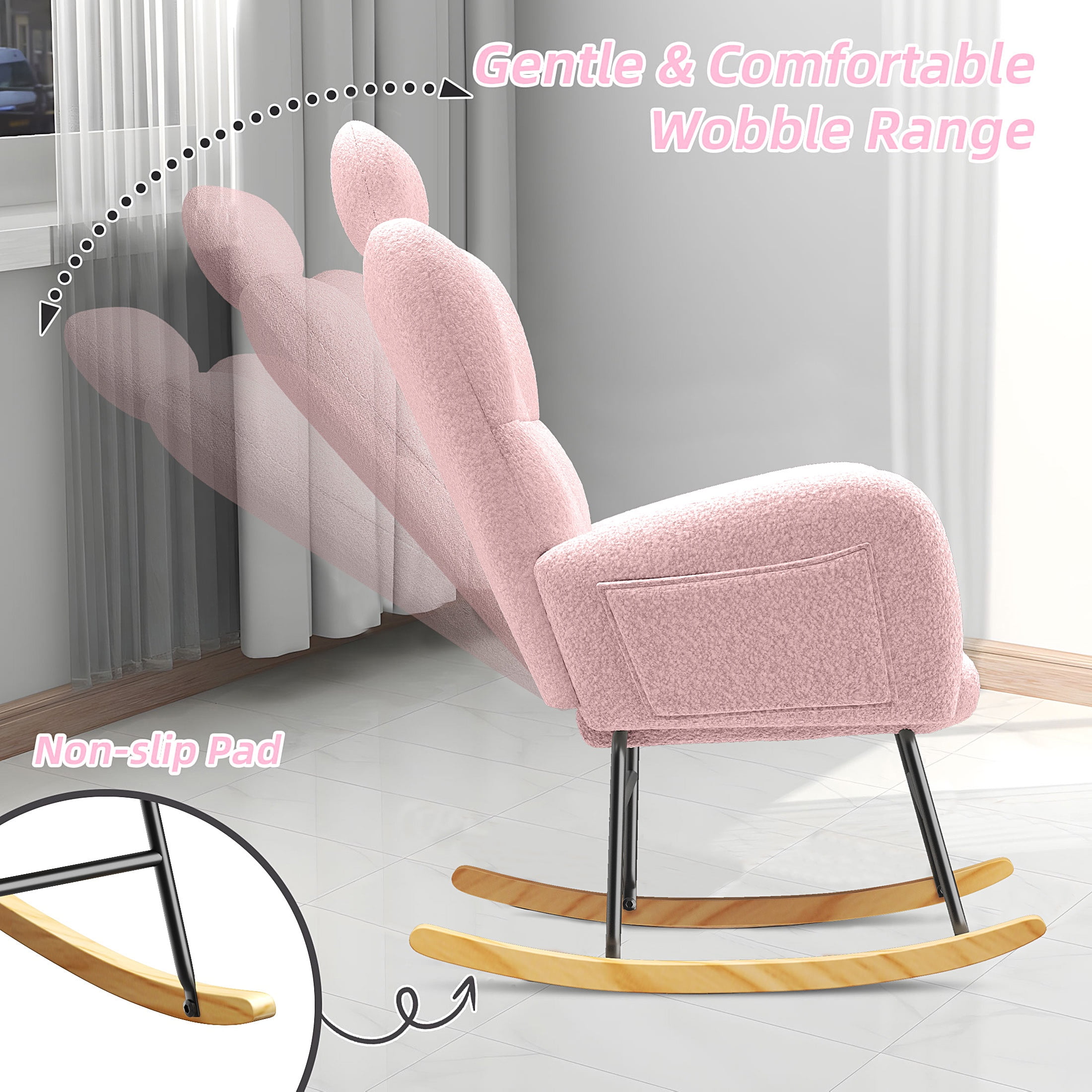 UHOMEPRO Modern Teddy Fabric Rocking Chair, Accent Rocker Chair with High Backrest, Accent Glider Rocker for Living Room Bedroom Playroom, Pink