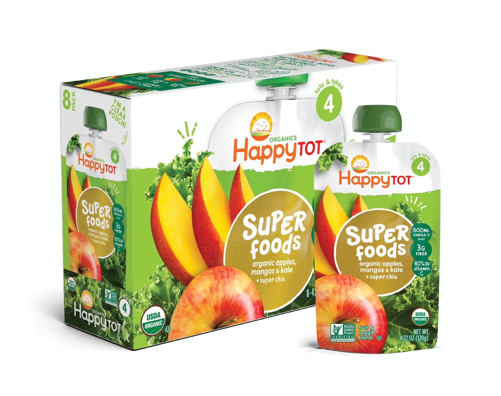 (8 Pouches) Happy Tot Organics Super Foods Apples, Mangos & Kale