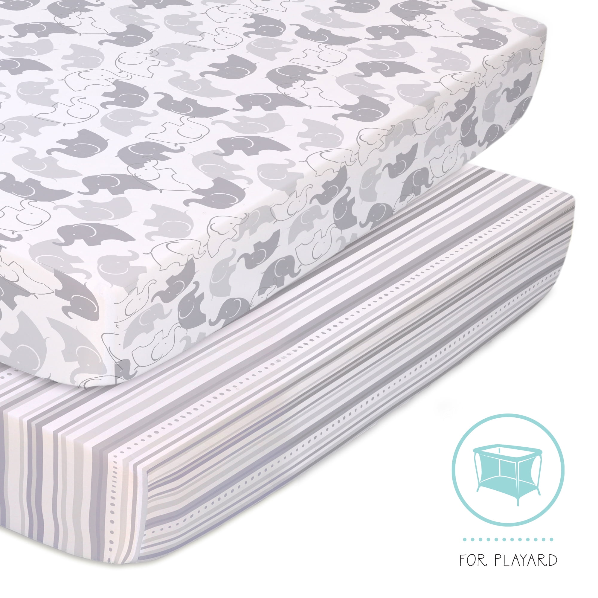 The Peanutshell Pack n Play, Mini Crib, Portable Crib or Fitted Playard Sheets for Baby Girls, 2 Pack Set, Grey Elephants and Stripes