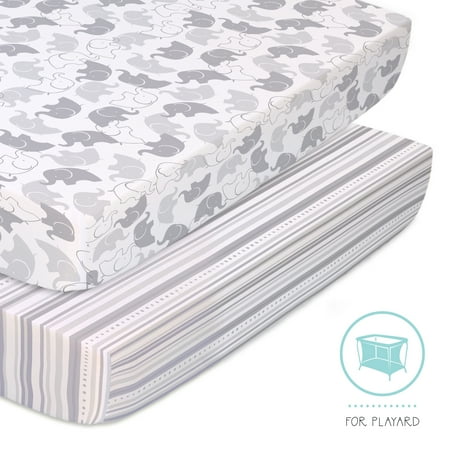 The Peanutshell Pack n Play, Mini Crib, Portable Crib or Fitted Playard Sheets for Baby Girls, 2 Pack Set, Grey Elephants and Stripes